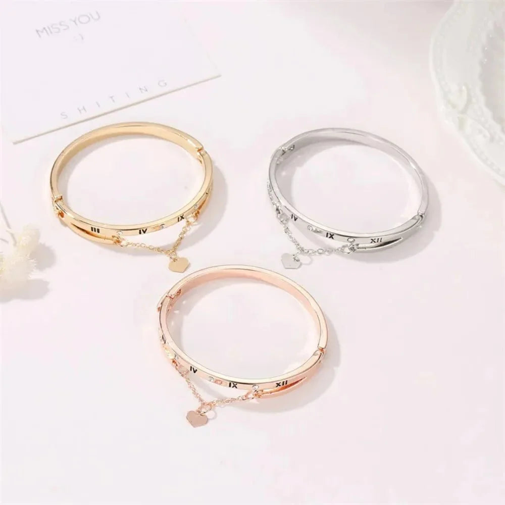 Roman Numeral Heart Dangle Cuff Bracelet
