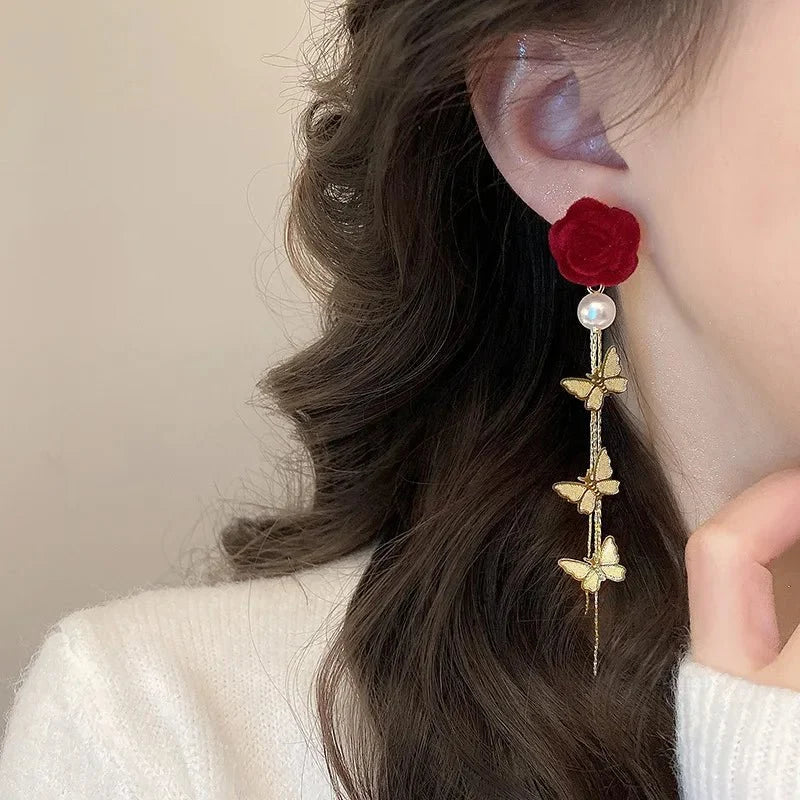 Romantic Rose Pearl Butterfly Dangle Earrings