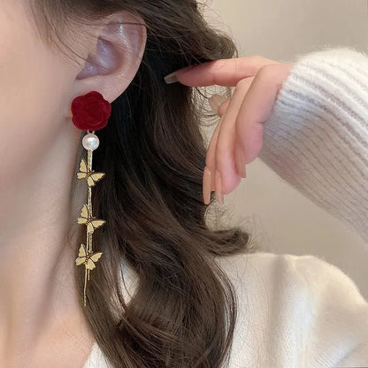 Romantic Rose Pearl Butterfly Dangle Earrings