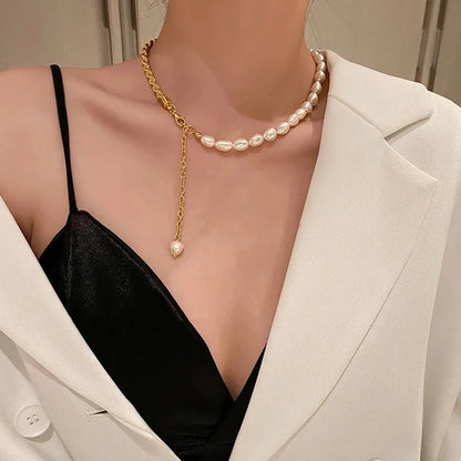 Rope Chain Pearl Contrast Bracelet and Necklace