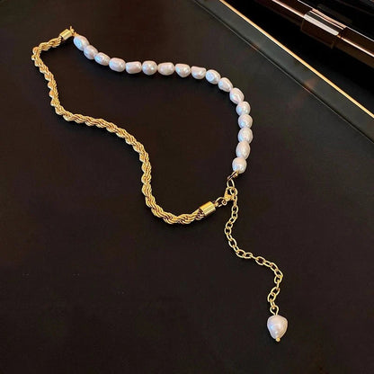 Rope Chain Pearl Contrast Bracelet and Necklace
