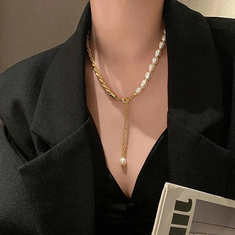 Rope Chain Pearl Contrast Bracelet and Necklace