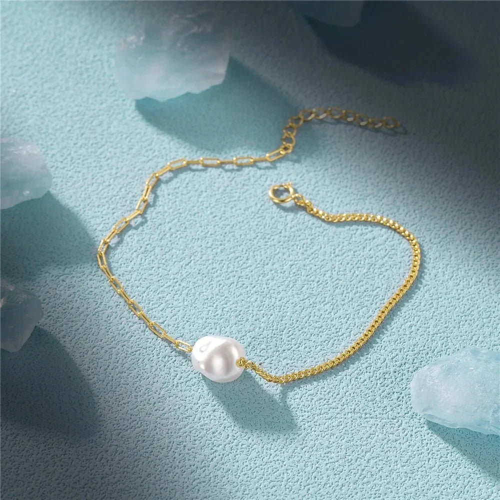 S925 Pearl Dainty Paperclip and Cuban Chain Bracelet