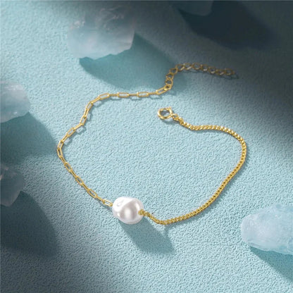 S925 Pearl Dainty Paperclip and Cuban Chain Bracelet