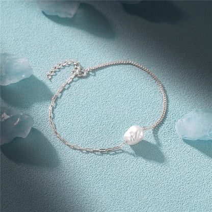 S925 Pearl Dainty Paperclip and Cuban Chain Bracelet