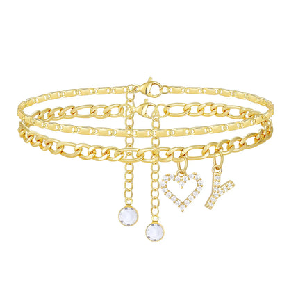 2pc 14k Letter Initial & Diamond Heart Anklet